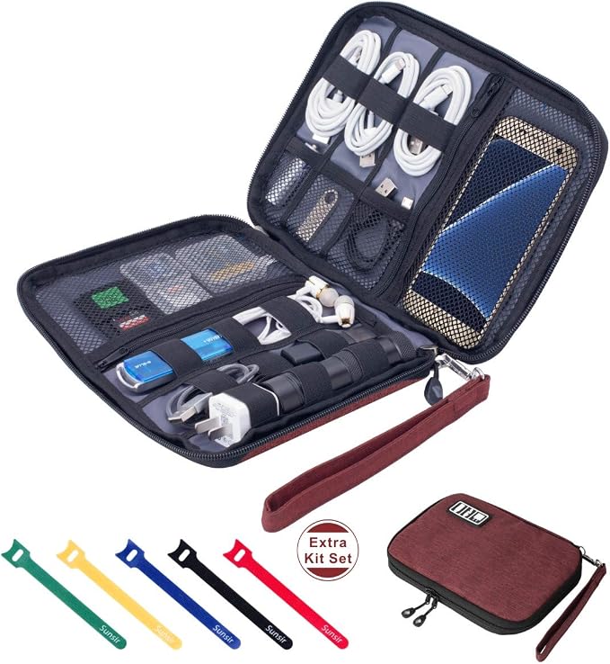 Travel Cable Organizer Bag Waterproof Portable Electronic Accessories Organizer for USB Cable Cord Phone Charger Headset Wire SD Card with 5pcs Cable Ties(Red) by Sunsir