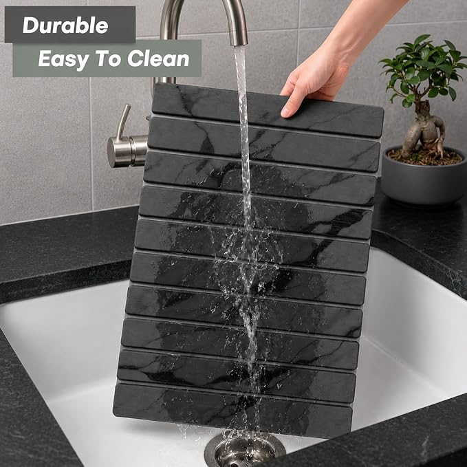 Large Stone Dish Drying Mat for Kitchen Counter, Quick Dry Stone Dishes/Bath Mats,Foldable Water Absorbing Diatomaceous Earth Drying Organizer Pad for Plate Rack Bottles Utensils(Dark Gray 24"×16") - Image 4