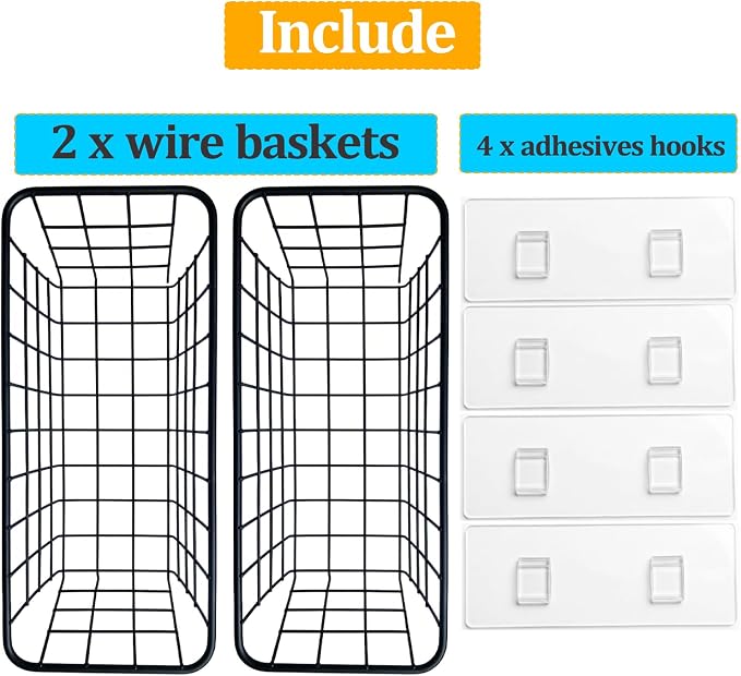 2 Set Adhesive Hanging Wall Basket Inside Cabinet Door Organizer,Wall Storage Basket-No Drilling Adhesive wall Basket for Cupboard Door,Space-Saving Small Hanging Baskets for Wall Mount Storage,Black - Image 3