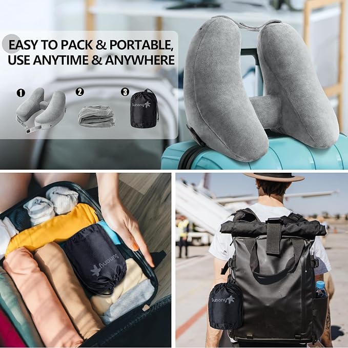 Sunany Travel Neck Pillow for Airplane Pillow Comfortably Supports Head, Neck and Chin, Inflatable Travel Pillow with Soft Velour Cover and Portable Drawstring Bag (Grey, H-Shape) - Image 5