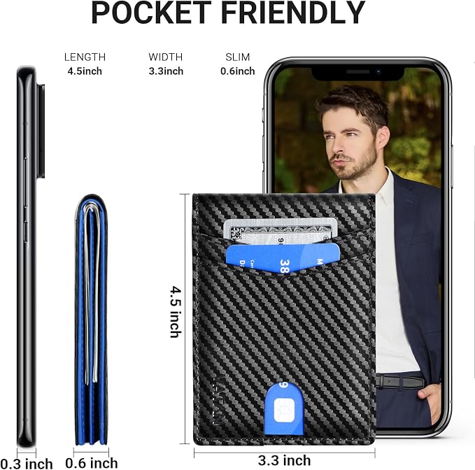 VATAN Wallet for Men Slim RFID Blocking Leather Credit Card Holder Wallet for 15 Cards, Bifold Minimalist Thin Wallet with 2 ID Windows & Cash Slot, With Gift Box (Carbon Black and Blue) - Image 4