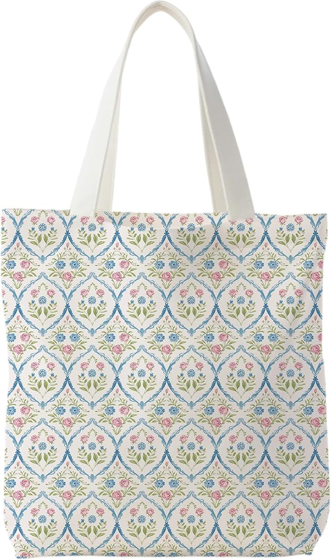 Grandmillennial Blue Floral Tote Bag for Women,Blue Floral Reusable Shopping Grocery Bags by Unknown