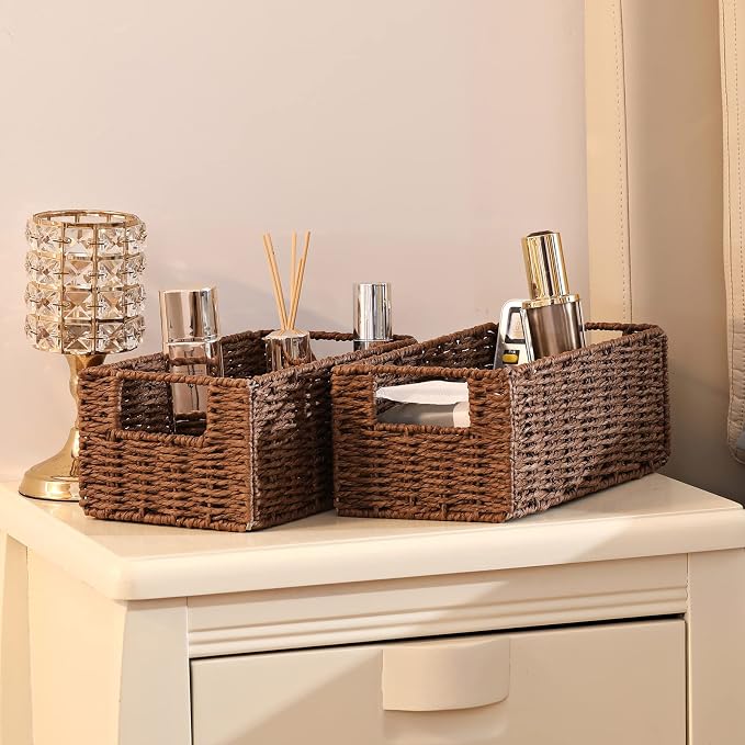 Wicker Storage Basket, Set of 2 Hand-Woven Paper Rope Wicker Basket, Small Storage Baskets for Organizing Toilet Paper Basket, Foldable Large Cube Storage Organizer Bins for Shelves (Brown) - Image 3
