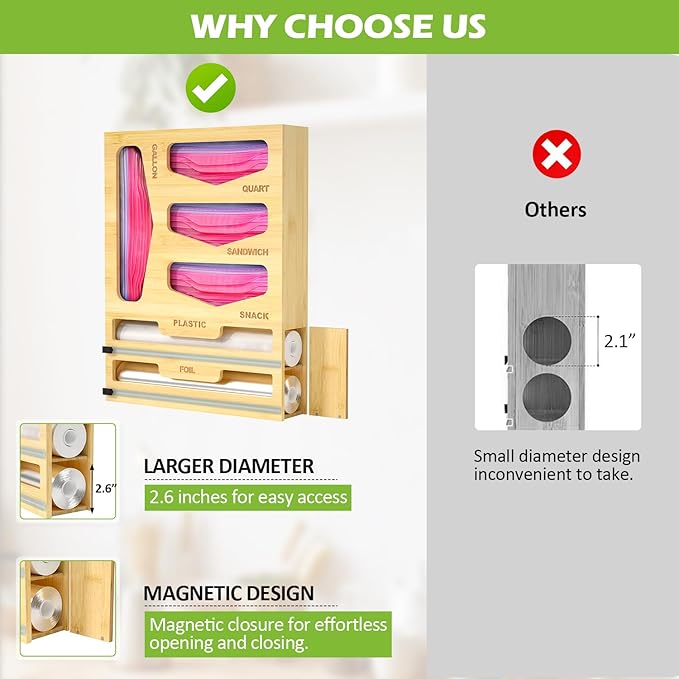 6 in 1 Bag Organizer and Wrap Dispenser with Magnetic Lid - Plastic Wrap Dispenser with Cutter for Kitchen Drawer, Storage for Gallon, Quart, Sandwich, Snack Bags, and Foil Beige - Image 3