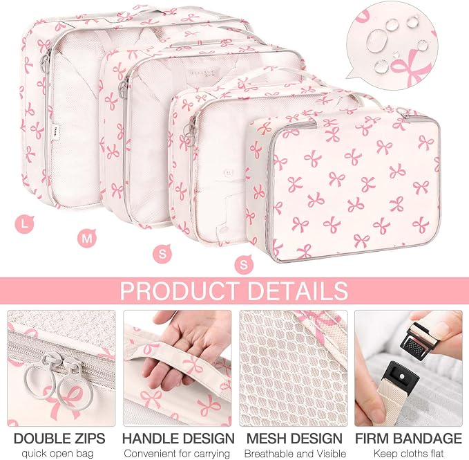 KPX 8 Set Packing Cubes for Travel, Luggage Packing Organizers Accessories Large Toiletries Bag for Clothes Shoes Cosmetics (8Set-Pink Bow) - Image 3
