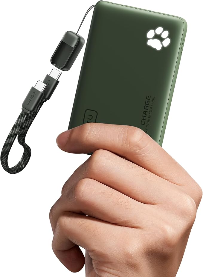 INIU 45W Fast Charging Portable Charger, Smaller 10000mAh Travel Power Bank | Flight-Safe, Detachable USB C Cable, Travel Essential, External Battery Phone Pack for iPhone 17 Samsung S26 iPad etc, Green by INIU