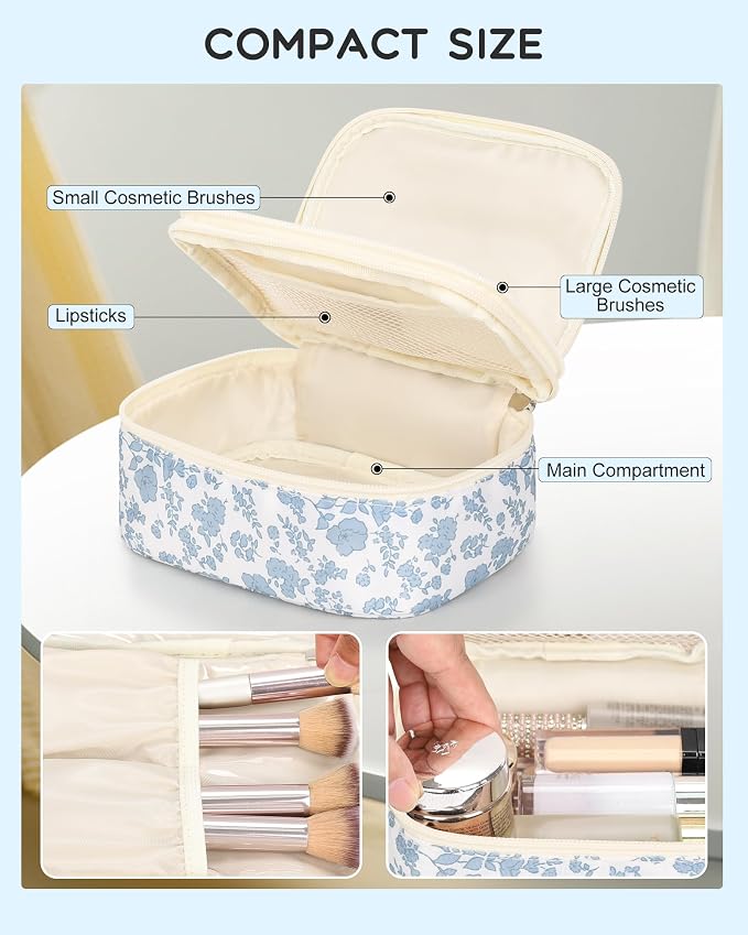 Relavel Travel Makeup Bag, Mini Floral Cosmetic Bag with 2 Layers | Portable Makeup Pouch for Women with 2 Makeup Brush Holders, Cute Toiletry Bag with Handle for Necessaries, Blue Flower - Image 3