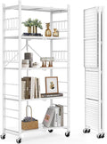 Himix 5-Tier Foldable Storage Shelves 20 Hooks Wheels White No Assembly | Folding shelving units, Metal collapsible organization, Wire rack, Unit rolling cart, Bookshelf, Kitchen, Home, Holds 440 Ibs by Himix