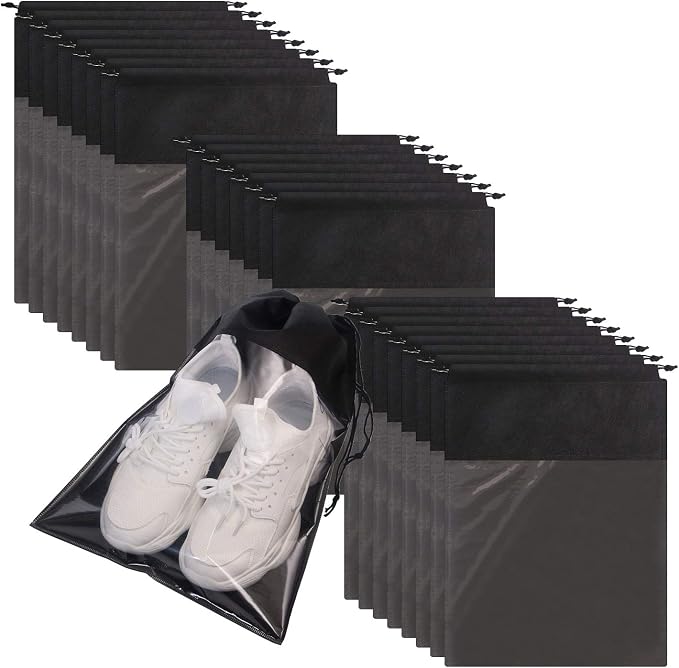 24 Pack Portable Shoe Bags for Travel Large Shoes Pouch Storage Organizer Clear Window with Drawstring for Men and Women Black by TENABORT