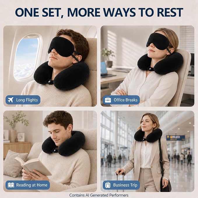 RAINFLOW Travel Neck Pillow Set - Black Memory Foam Cushion with Eye Mask | Airplane Pillow with Removable Washable Cover for Long Flights, Plane Sleeping, Neck Support and Travel Essentials - Image 7