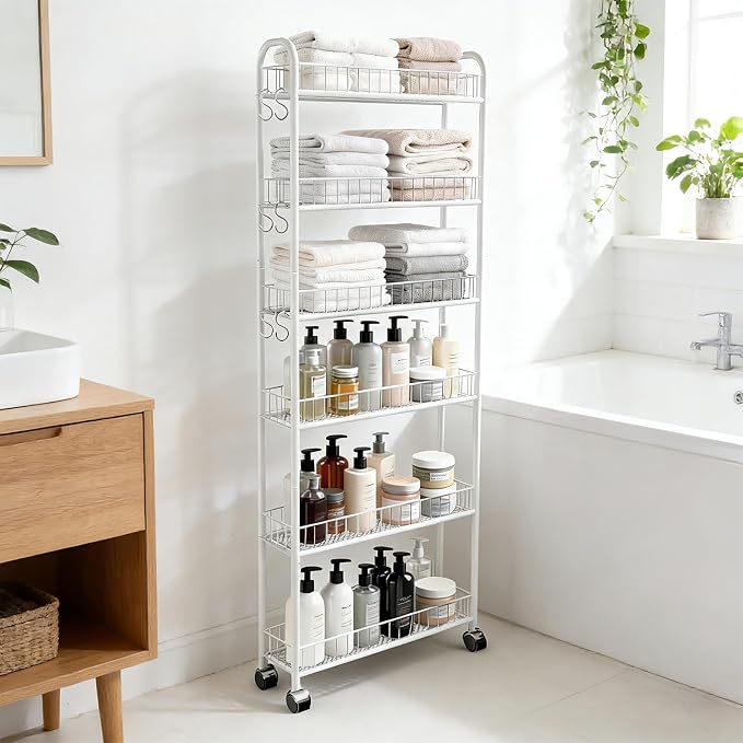 Slim Rolling Storage Cart with Wheels, 6in 6 Tier White | Narrow Space Shelving Unit, Metal Wire Mobile Organizer Rack for Kitchen Bathroom Office Laundry - Image 7