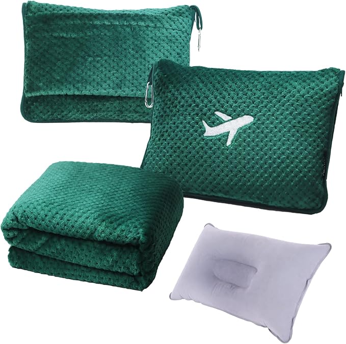 3 in 1 Travel Blanket Pillow Set - 350 GSM Thick Travel Blanket Airplane Compact with Bag, Soft Bag with a Pocket, Inflatable Travel Pillow for Camping & Car Trip (Dark Green) by Nenolix