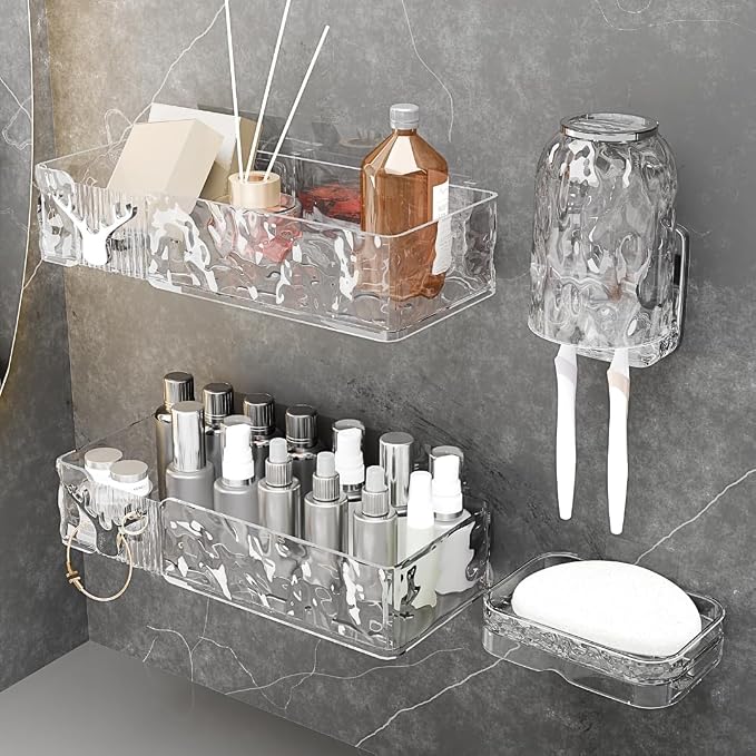Acrylic Shower Shelves with Soap Dish & Toothbrush Holder, Clear Plastic Shower Caddy, Adhesive Bathroom Organizer Wall Mount, No Drill Installation 4 Pack by Unknown