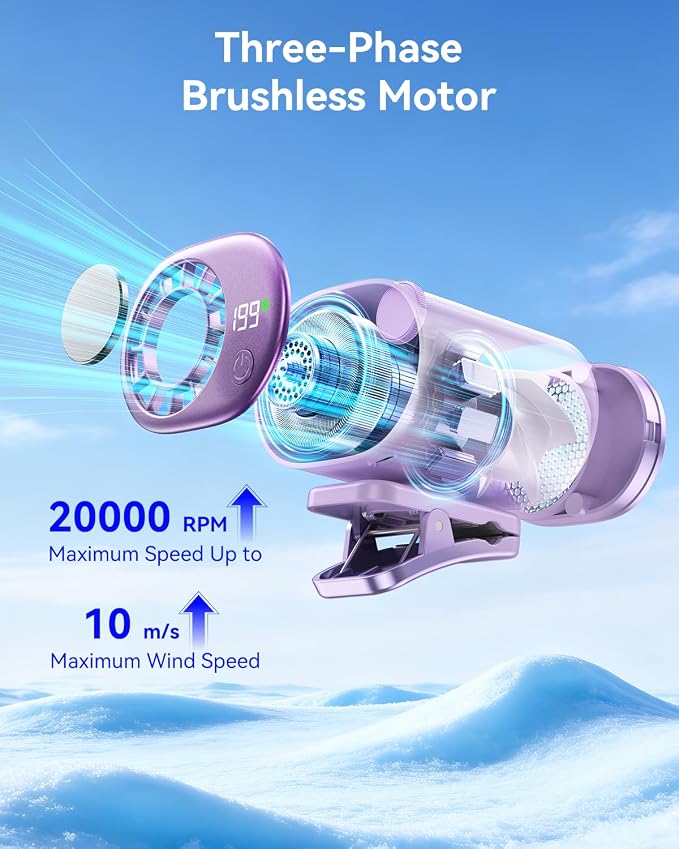 Clip-On Portable Fan with Ice Cooling, 20000 RPM Rechargeable Handheld Turbo Fan, 360° Rotating Detachable Clip, Mini Stroller Fan for Baby, Compact Travel Essentials, Summer Gifts for Women,Purple - Image 6