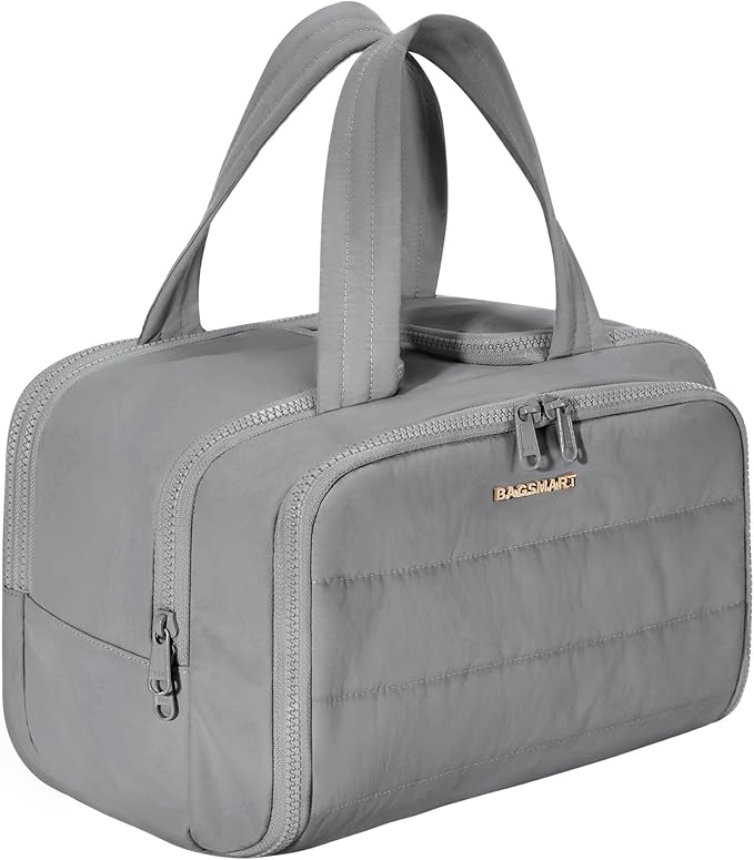 BAGSMART Travel Toiletry Bag, Lightweight Large Wide-open Travel Bag for Women, Puffy Cosmetic Makeup Bag Organizer with Handle for Accessories,Essentials, Toiletries, Grey by BAGSMART