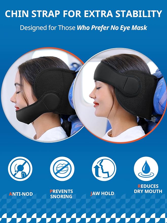 SARISUN Travel Pillow with Chin Strap for Different Seats, Stable Support | Seat Strap System, Fits with/out headrests Seats, Stop Head Bobbing, 3D Eye Mask Airplane Pillow for Long Flight, Mottle Blue - Image 2