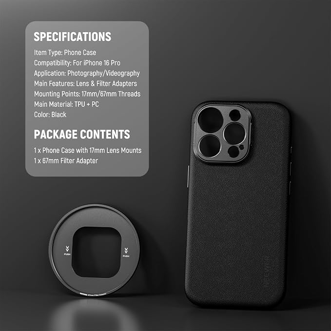 NEEWER Phone Case for 16 Pro, TPU/PC Protective Heavy Duty Case with 17mm Lens Mounts, 67mm Thread Filter Adapter, Nonslip Faux Leather, Compatible with iPhone 16 Pro MagSafe, PA083 Black - Image 9