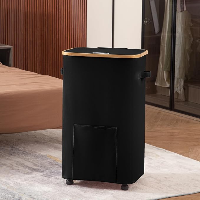 Vincona Laundry Basket with Wheels, Tall Dirty Clothes Hamper on Wheels, Rolling Laundry Hamper with lid for Dorm, Bedroom and Bathroom (Black, 100L) - Image 7