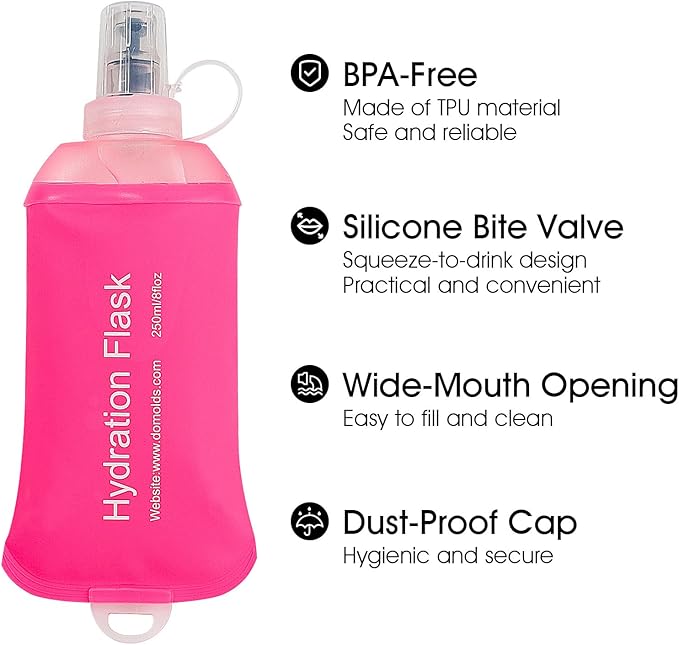 GUYI GYGYL Soft Flask, Collapsible Water Bottle for Sports, 250ml Pink | TPU Collapsible Water Bottle for Hydration Pack, Running Vest, Leak-Proof Folding Bottle for Hiking Cycling Climbing Jogging - Image 3