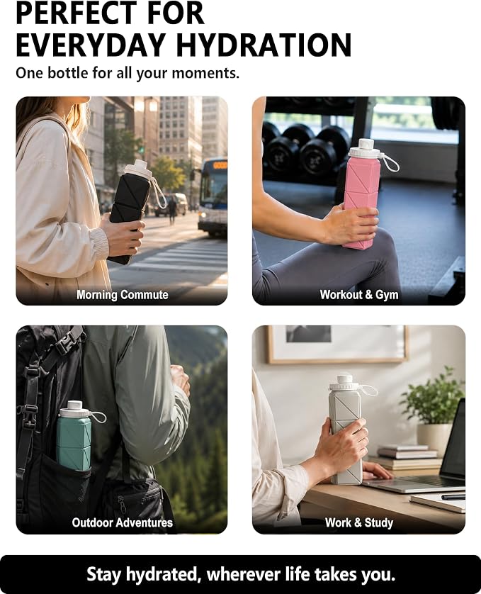 BEAUTAIL Collapsible Water Bottles 21oz/610mL, Silicone Travel Water Bottle | BPA Free, Leakproof & Reusable, Foldable Water Bottle for Traveling, Hiking, School, Sports, Outdoor, 2-Pack, Black+DarkBlue - Image 6