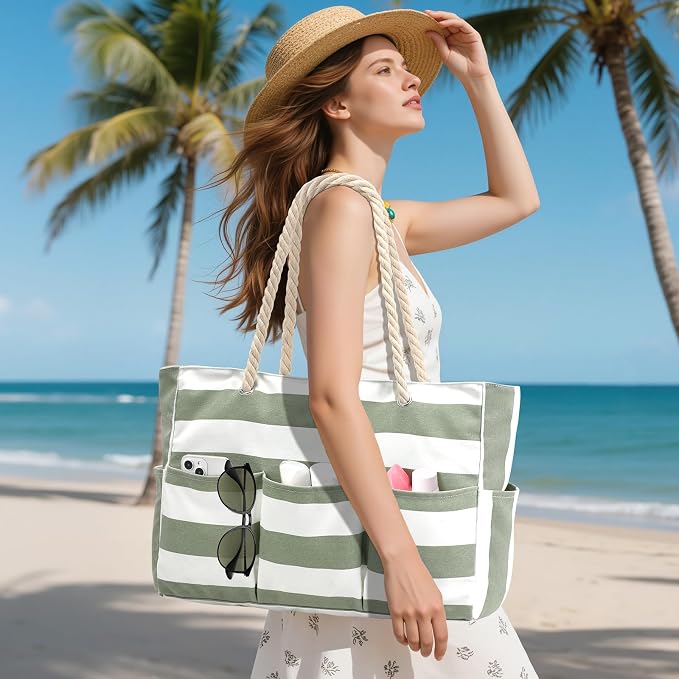 Becokan Beach Bags for Women Canvas Large Beach Tote Bag Zipper Waterproof Sandproof Foldable Swim Pool Bag with 7 Pockets - Image 2