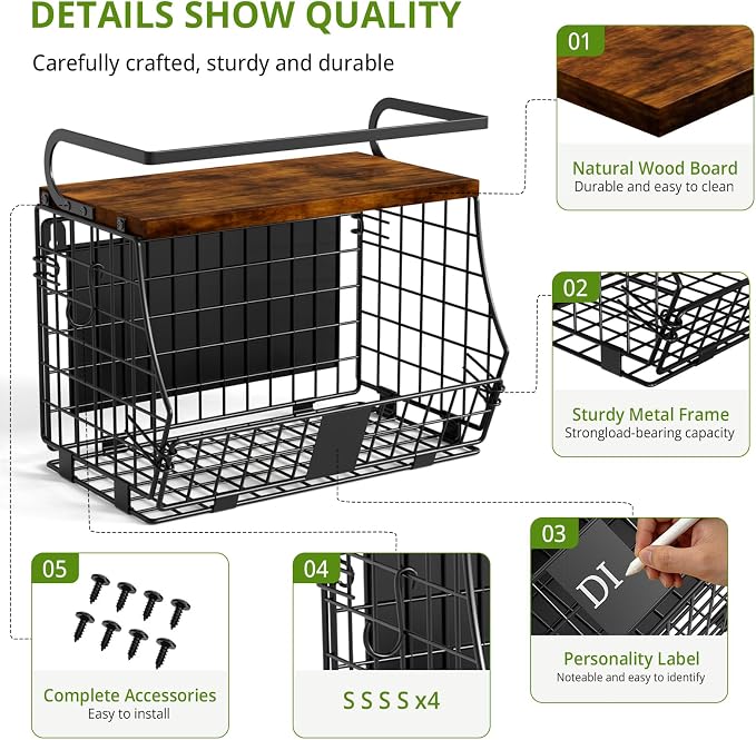 Magnetic Shelf for Fridge with Wood Top & Produce Basket – 2-in-1 Magnetic Spice Rack for Refrigerator – Space-Saving Kitchen Organizer for Fruits, Potatoes, and Onions (with Hooks) - Image 6