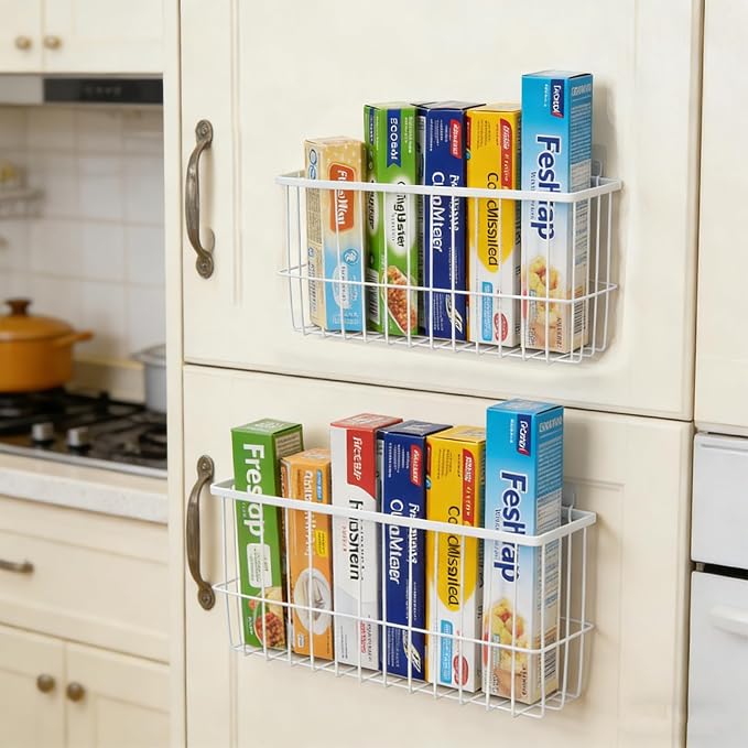 2 Pack Aluminum Foil and Plastic Wrap Organizer,Wall Mounted Cabinet Door Organizer,Kitchen Pantry Organizers and Storage,Wrapping Paper Shelf for Sandwich, Freezer, Ziplock Bag, White - Image 6