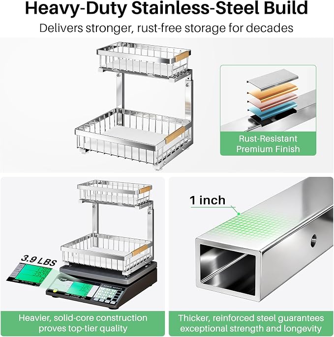 Kitstorack Under Sink Organizer, 2 Tier Under the Sink Storage, Slide out Pull out Cabinet Organizer Shelf, Metal Sliding Drawer for Kitchen Bathroom Pantry Closet Organization Rack, Silver, 1 Pack - Image 2