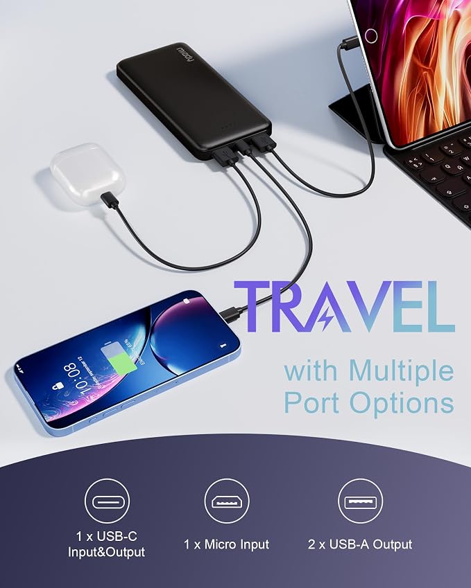 Miady 2-Pack Portable Charger, Slim 10000mAh Power Bank Travel Battery Pack | Dual USB丨3 Outputs 2 Inputs丨for Backpack Travel Camping丨Slim丨Compatible with iPhone Android etc丨Flight-Safe丨37Wh丨Blue+Pink - Image 2
