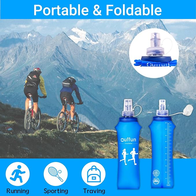 2 Pack Soft Water Bottle, TPU Collapsible Flask Foldable Bottles for Hydration Pack, BPA-Free, Running Lightweight Water Bottle for Outdoor Sports like Hiking Cycling Climbing Running (17OZ/500ml) - Image 4