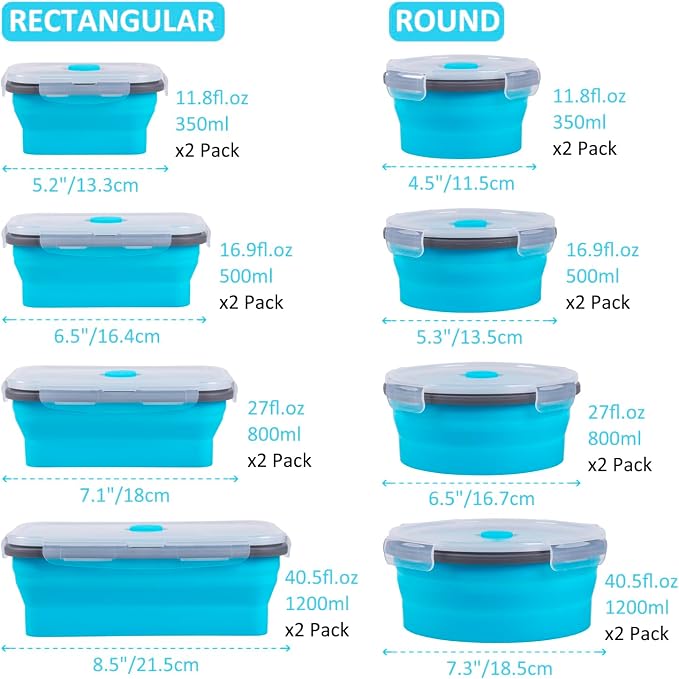 Collapsible Food Storage Containers with Lid & Air Vent, 16 Pack, 8 Rectangular + 8 Round, Foldable Silicone Lunch Containers Collapsible Bowls Set, Microwave Freezer Dishwasher Safe, Blue - Image 5