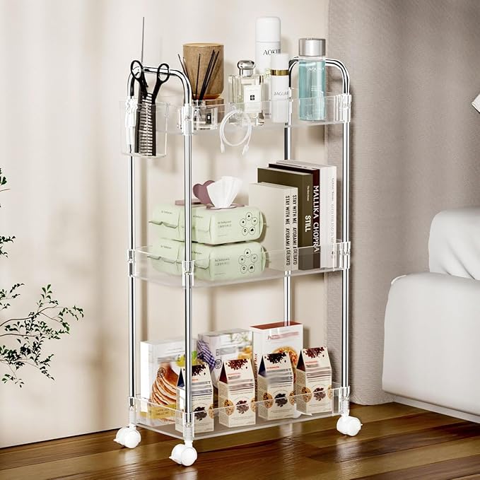 SPACEKEEPER 3 Tier Acrylic Storage Rolling Cart Clear Bathroom Cart Organizer, Transparency Laundry Room Organization Mobile Shelving Unit Multifunction Rolling Utility Cart for Office Living Room | Clear Utility Cart for Laundry Room,Kitchen,Office,Ba... - Image 7