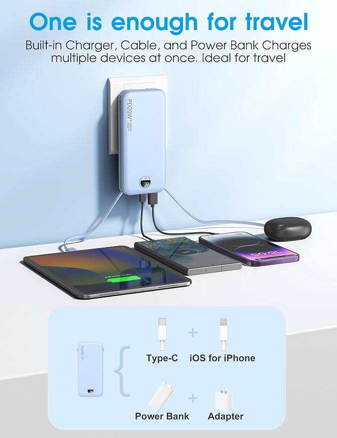 citicr Portable Charger 10000mAh PD20W w/Built-in Cables & Wall Plug Blue | Fast charging, Built-in wall plug, LED display, Charge 5 devices at once, Pass through charging, TSA approved, Pocket size - Image 4