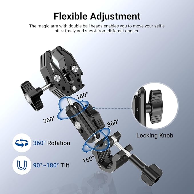 NEEWER Motorcycle Mount Accessories Kit Compatible with GoPro Insta360 DJI, Bike Tail Handlebar Invisible Selfie Stick Double Clamp Holder with Action Camera Adapter for POV Video Recording, GP-30 - Image 4