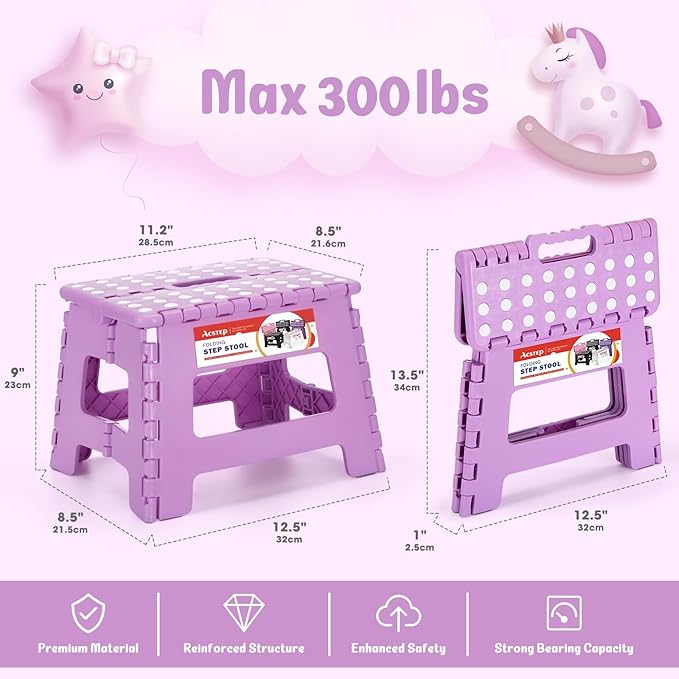 9 Inch Foldable Step Stool for Kids, 300 lb, Light Purple | Lightweight Plastic Small Foldable Step Stool with Handle, Non-Slip, for Kitchen, Bathroom, Bedroom and Closet - Image 4