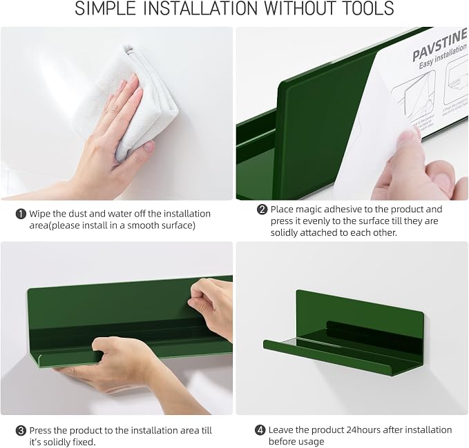 PAVSTINE Adhesive Floating Shelves for Wall No Drilling, 12 Inch Acrylic Self Adhesive Shelves, Stick on Shelves, Dorm Wall Shelf, for Bathroom, Kitchen, Bedroom, Office, Gaming Room, Green - Image 7
