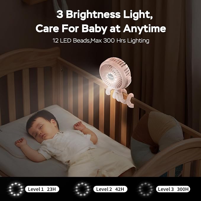 COMLIFE Baby Stroller Fan With Light, Rechargeable Battery Operated, Max 10Hrs Cooling, 3 Speeds, 360° Rotate USB Desk Fan, Flexible Tripod Clip On Fan for Stroller Car Seat Crib Treadmill Golf Cart - Image 3