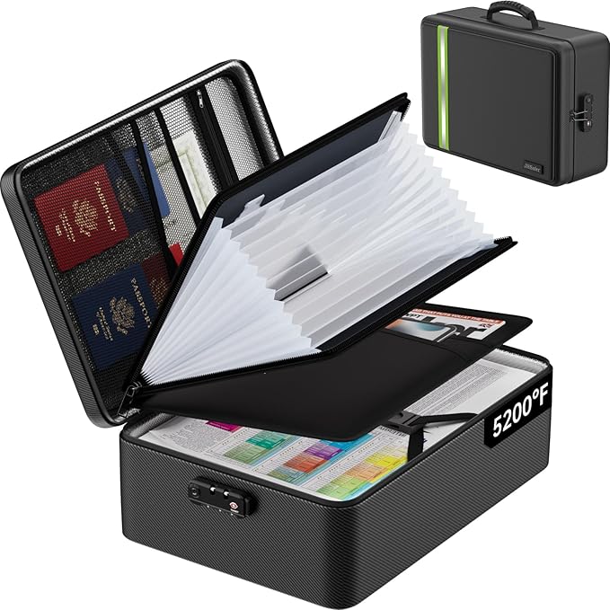 Fireproof Document Bag with Lock for Legal/Letter Files, Black | 5200℉ Fireproof Important Document Organizer with Waterproof Zipper, Large Portable Safe for Home Travel Office, Soft by JIHOX
