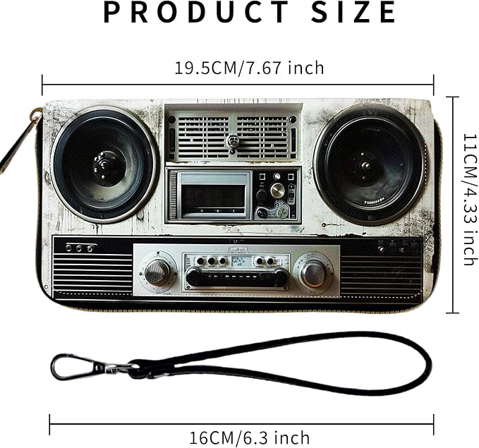 Wallet,Leather Long Wallet Suitable For Ladies And Teenagers - Detachable Wristband + RFID Travel Wallet With Card Slot - Retro Boombox - Image 2