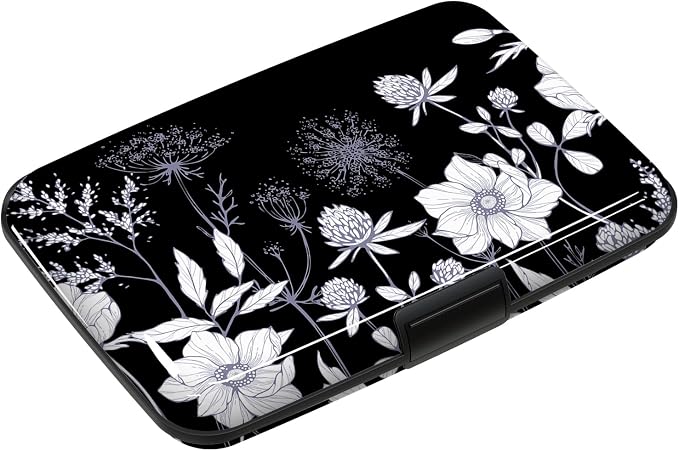Credit Card Holder, Mini RFID Small Aluminum Card Wallet Business Card Case | Blocking Slim Metal RFID Blocking Front Pocket Wallet Hard Case Durable CC Holder for Women Girls, Black White Floral by ToLuLu