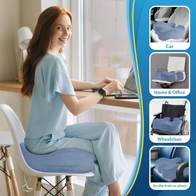 BlissTrends Memory Foam Seat Cushion for Office Chair & Car Seat, LightBlue | 4.7in Ergonomic Tailbone & Sciatica Support with Removable Velvet Cover for Pressure Relief and Long Sitting Comfort - Image 6