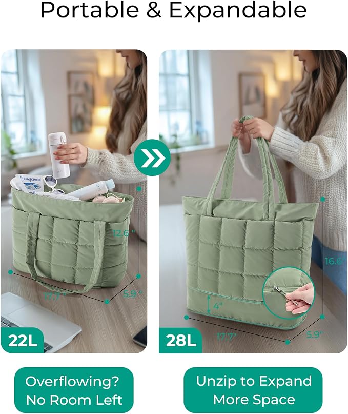 BAGSMART Expandable Tote Bag for Women, Puffer Work Tote Travel Bag | Quilted Carry On Bag for Travel Work Gym College, Waterproof Travel essentials - Image 8