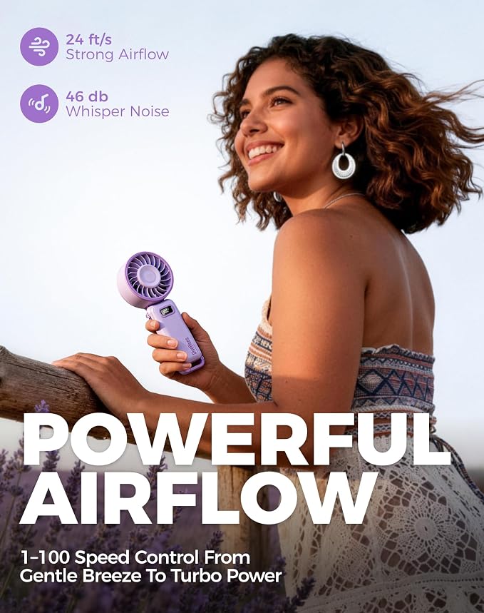 Diveblues Portable Turbo Fan, 100 Speed Handheld Fan with Strong Airflow, Foldable 4 in 1 Personal Fan for Neck, Desk & Travel, USB-C Rechargeable, Lightweight for Summer, Concerts & Outdoor Use - Image 3