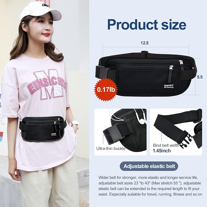RFID Blocking Money Belt for Men Women, Slim Fanny Pack For Travel，Running,Conceal Waist Wallet For Passport Holder,Phone,Cash(Dark Black) - Image 5
