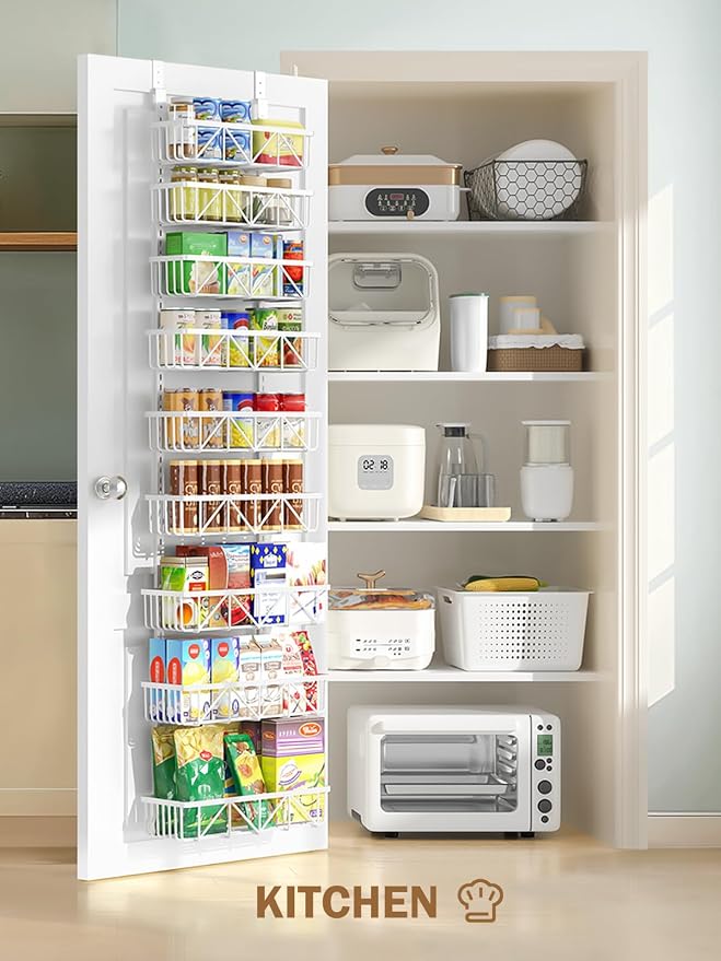 Delamu Adjustable Over the Door Pantry Organizer, 9-Tier Metal Pantry Organization and Storage for Kitchen, Hanging Spice Rack Seasoning Shelves, Cabinet Door Organizer for Easy Install, 16" White - Image 8