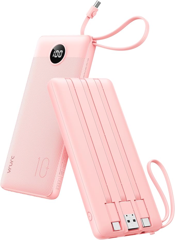 VRURC Portable Charger Power Bank, Built-in 4 Cables & 2 Ports,10000mAh Slim Battery Pack with LED Display, Travel Essential USB C Portable Phone Charger for All Cell Phones Devices-Pink(1 Pack) by Home