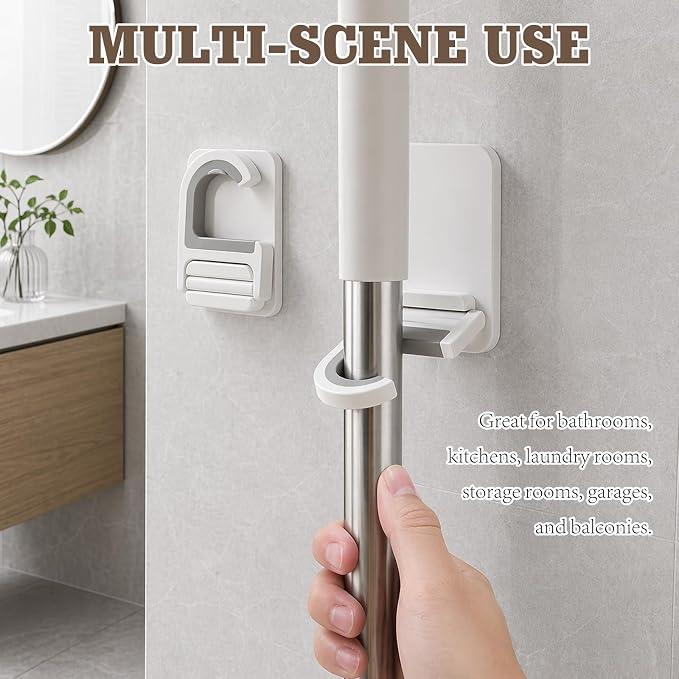 White 3-Pack Broom & Mop Wall Organizer – No-Drill Gripper Hanger for Household Cleaning Tools. - Image 6