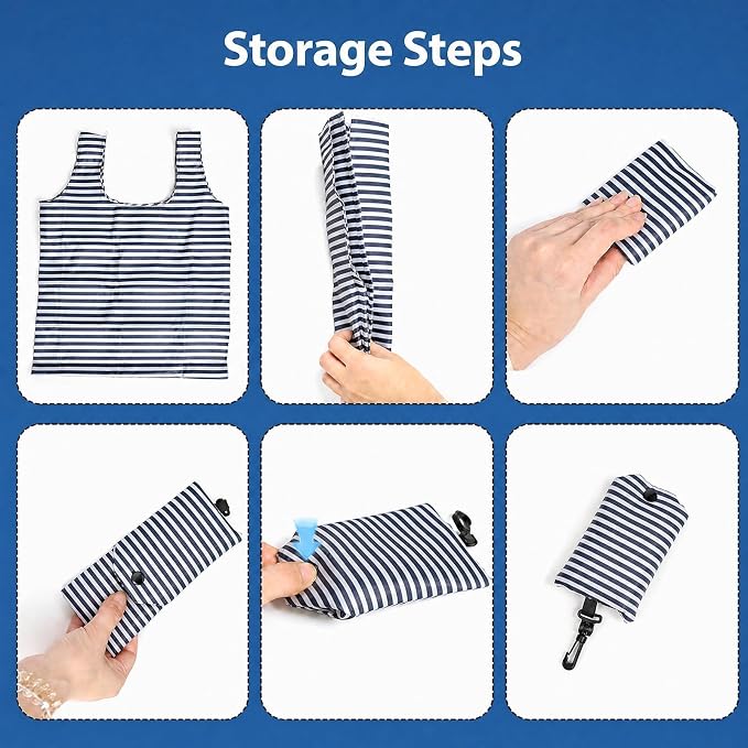 2 Pack Reusable Shopping Bag, Foldable Grocery Bags, Blue Stripes | Large Capacity, Washable, Grocery Tote, Utility Travel Shoulder Bag - Image 7
