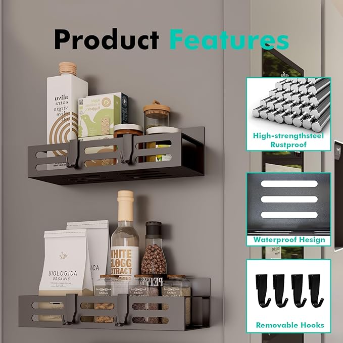 SETBAOO 6 Pack Magnetic Spice Rack for Refrigerator Set, Black Magnetic Shelf and Fridge Kitchen Cabinet Organizers Storage Seasoning Organization Mini Shelves. - Image 4