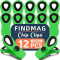 Chip Bag Clips, 12 Pack Magnetic Bag Clips for Refrigerator, Green | Kitchen Clips for Snack and Food, Office, Fridge, Cloth Pins, Garden, Airtight Seal Grip, Easy Open, Strong Hold Design by FINDMAG